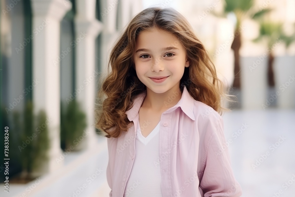 Portrait of a cute little girl with long curly hair in a pink shirt.