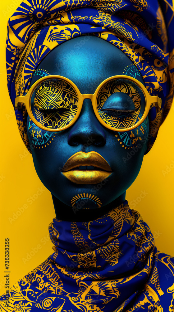 Girl with a scarf and face drawn out with African patterns under yellow glasses, in the style of gold and azure. Fashion photography concept with monochromatic color palette. Girl with a scarf and face drawn out with African patterns under yellow glasses, in the style of gold and azure. Fashion photography concept with monochromatic color palette.