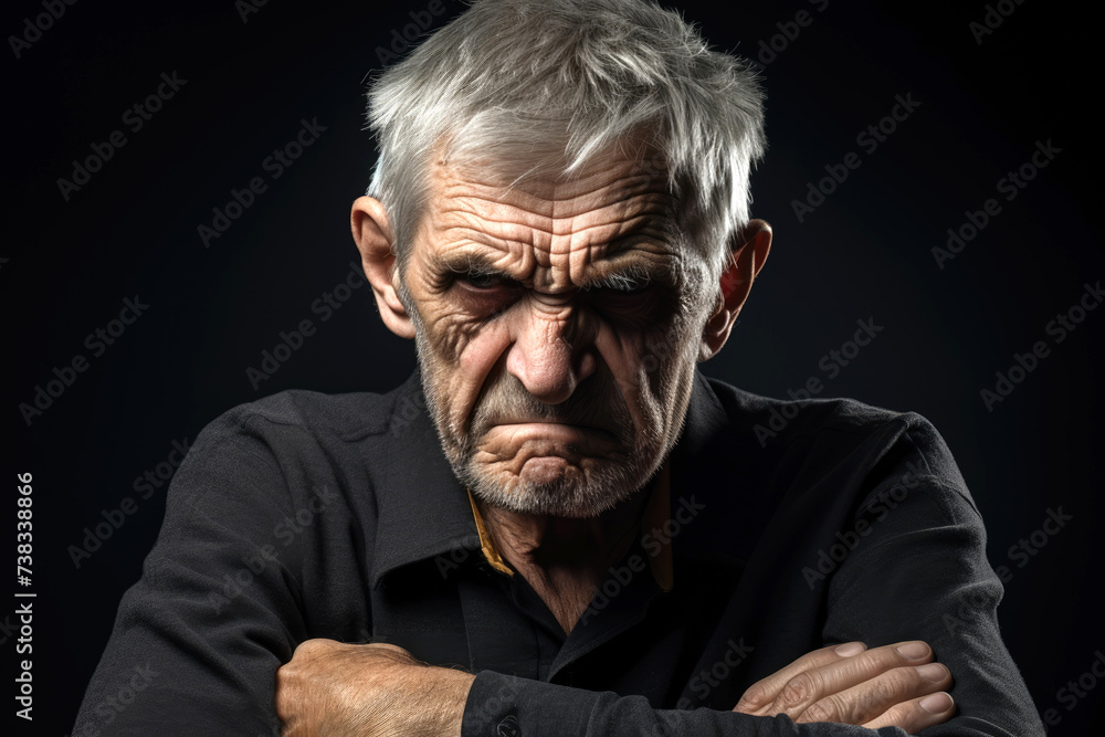 An angry elderly man standing with arms crossed An angry elderly man standing with arms crossed