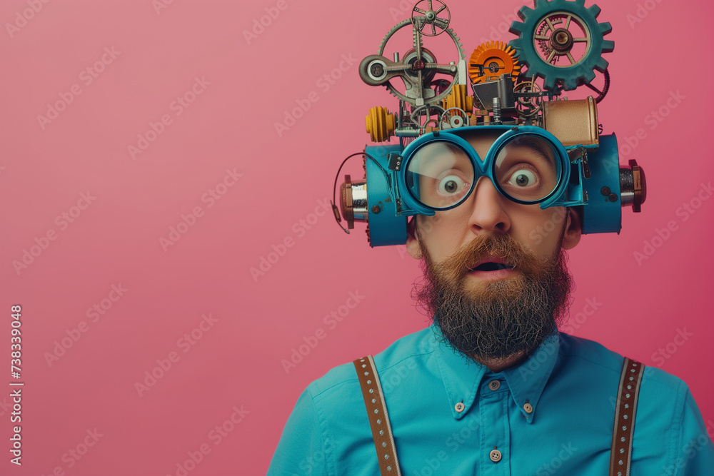 Crazy inventor full of strange inventions, copy space of a surprised ...