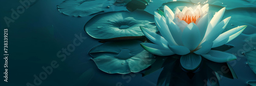 Lotus flower illuminated from within, casting a glow over the surrounding dark water and lily pads in a tranquil setting