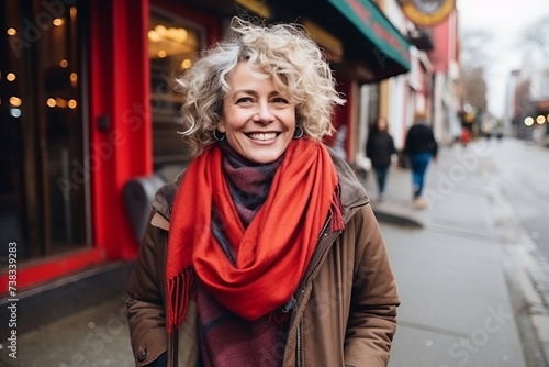 Portrait of a happy senior woman with red scarf in the city