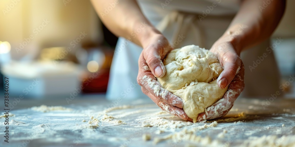 Hands knead fluffy dough. Homemade baking. Making homemade bread. Background with copy space Hands knead fluffy dough. Homemade baking. Making homemade bread. Background with copy space