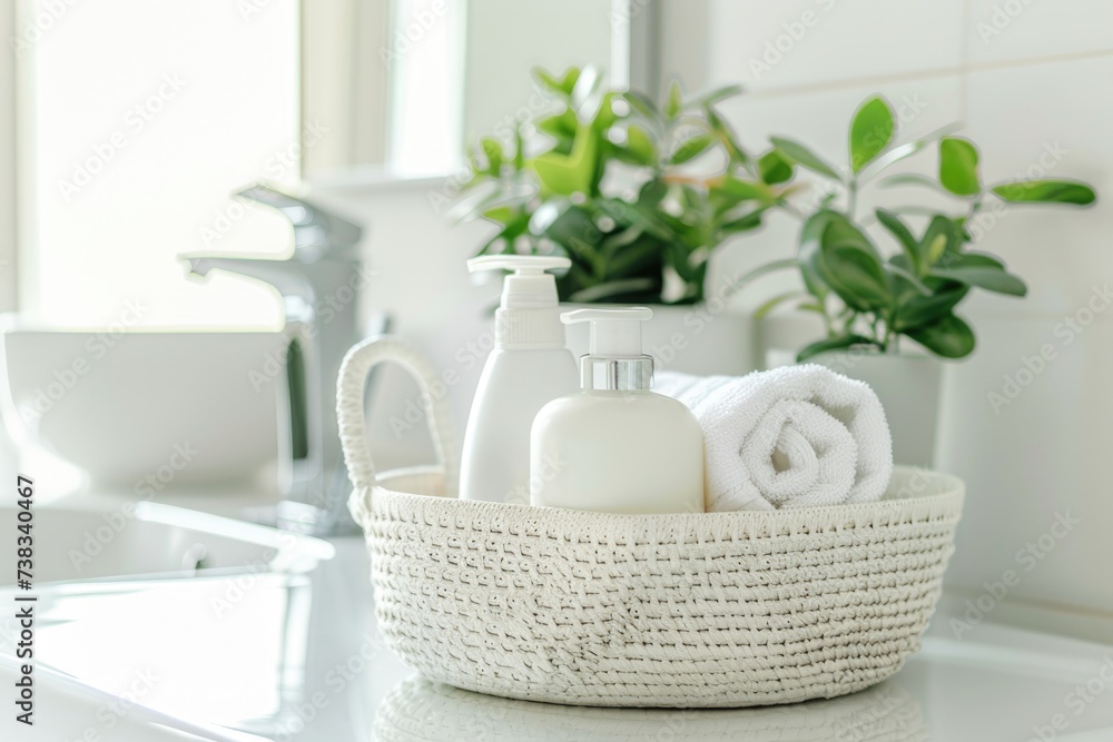 A set of body care cosmetics in a basket in a bright bathroom. Skin care concept banner with copy space A set of body care cosmetics in a basket in a bright bathroom. Skin care concept banner with copy space
