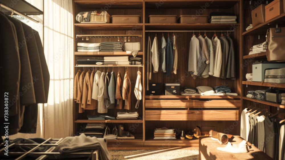 A stylish and organized closet with shelves, hangers, and neatly arranged clothing A stylish and organized closet with shelves, hangers, and neatly arranged clothing