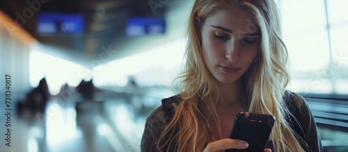 Blond woman casually using cellphone, waiting to board plane. photo