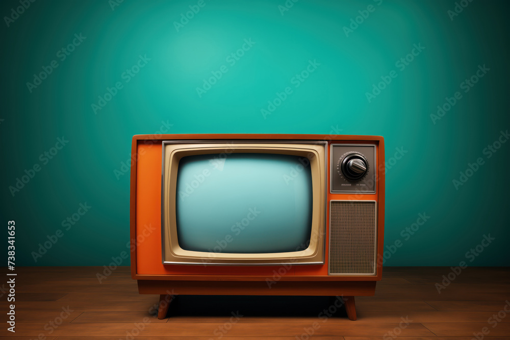 Retro style vintage orange television set on a wooden floor with a teal background wall.
