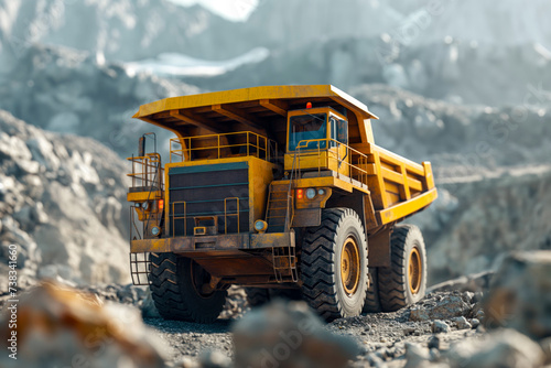Large yellow mining dump truck loaded with rocks in a mountainous quarry.