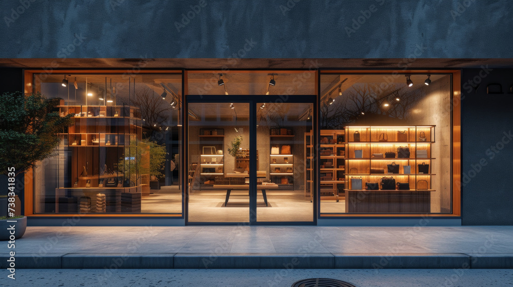 A contemporary storefront with large windows, displays, and a polished entrance - obrazy, fototapety, plakaty 