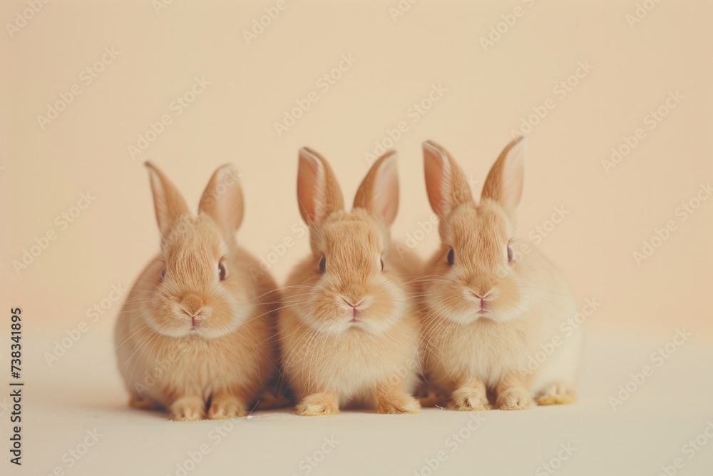 Cute fluffy rabbits on pastel beige background Cute fluffy rabbits on pastel beige background