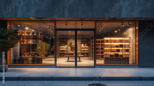 A contemporary storefront with large windows, displays, and a polished entrance photo