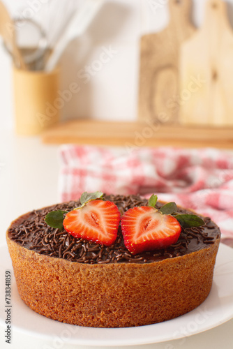 Chocolate Brigadeiro cake with strawberries in a counter top in the kitchen photo