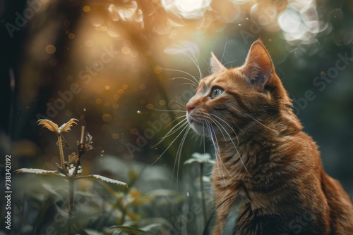 A curious domestic cat basks in the warm sun, fixated on an unknown object in the distance with its elegant whiskers twitching in anticipation