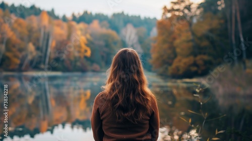 In the tranquil autumn forest, a woman gazes at her own reflection in the still waters of the lake, her hair blowing in the crisp breeze