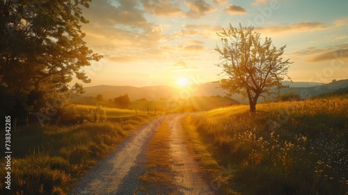 As the sun sets on the horizon, a dirt road winds through a peaceful landscape of trees and grass, bathed in the warm glow of morning sunlight