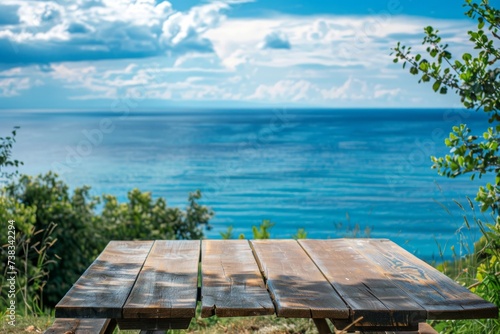 ocean view with wooden table in summer outdoors Generative AI