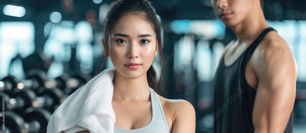 Asian woman, slim and young, stands with a towel beside a personal trainer in the gym. The trainer aids her in squatting for leg exercise while she maintains a healthy lifestyle with cardio training Asian woman, slim and young, stands with a towel beside a personal trainer in the gym. The trainer aids her in squatting for leg exercise while she maintains a healthy lifestyle with cardio training