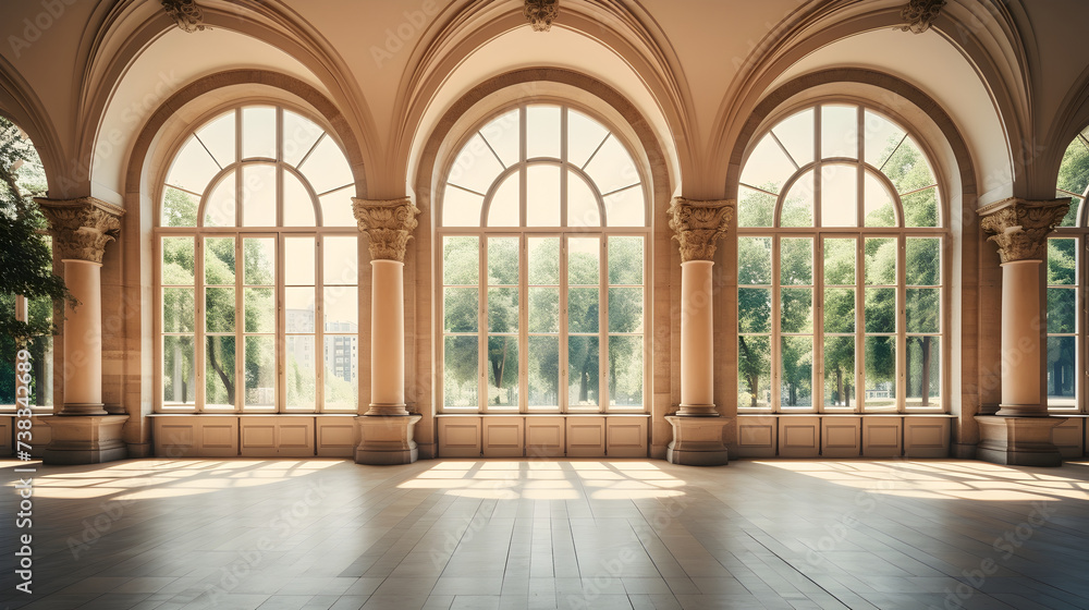 Beautiful summer day and arched windows in historical building,,
Illustration of an empty room with natural light coming in through large windows and warm wooden floors