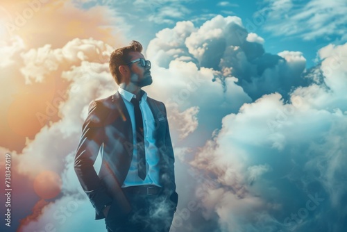 A businessman rises above the clouds  his tailored suit and determined gaze reflecting his ambition to reach new heights