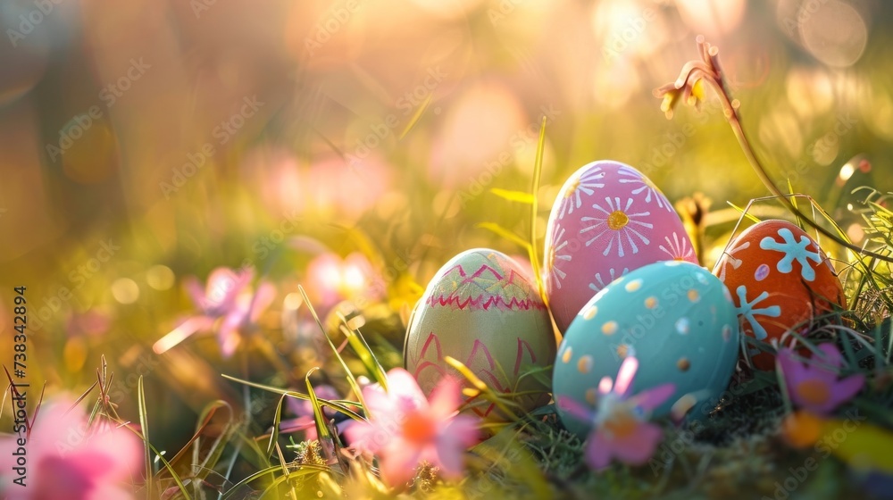 A vibrant gathering of intricately designed easter eggs nestled among lush green grass and delicate flowers, evoking a sense of joy and celebration in the great outdoors A vibrant gathering of intricately designed easter eggs nestled among lush green grass and delicate flowers, evoking a sense of joy and celebration in the great outdoors