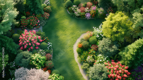 An overhead shot of a well-maintained garden with manicured lawns and colorful flower beds