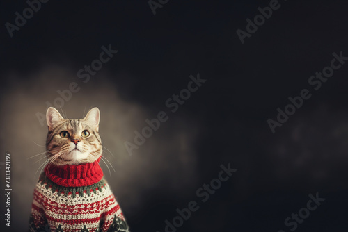 anthropomorphisme d'un chat habillé avec un pull d'hiver en laine à col roulé de face, regardant la caméra sur un fond foncé avec un espace négatif pour texte copyspace © Noble Nature
