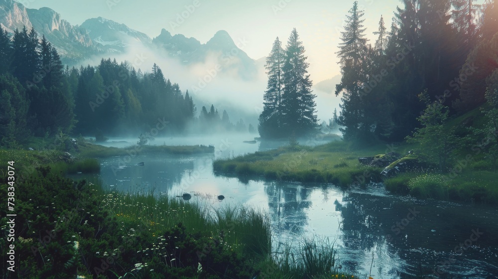 Immerse yourself in the tranquil beauty of a misty morning, where a river flows through a lush forest surrounded by majestic mountains and mirrored reflections on a serene lake - obrazy, fototapety, plakaty 