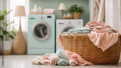 Basket with many colored laundry for washing in laundry room