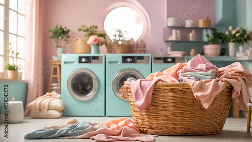 Basket with colored laundry for washing in laundry room home