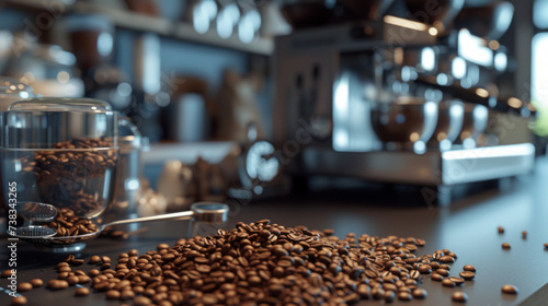 A close-up of a modern coffee shop counter with barista tools and coffee beans