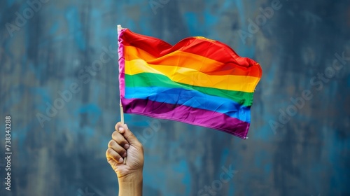 A symbol of pride and inclusivity  a hand courageously grasps a vibrant rainbow flag amidst the natural beauty of the great outdoors