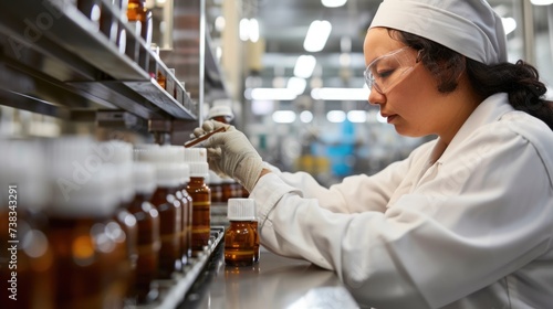 A laboratory technician in protective gear meticulously inspects a production line of medical vials  ensuring quality control in a pharmaceutical facility. AIG41