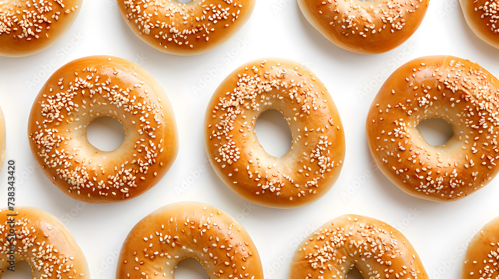 top down view of bagels with sesame topping on white background top down view of bagels with sesame topping on white background