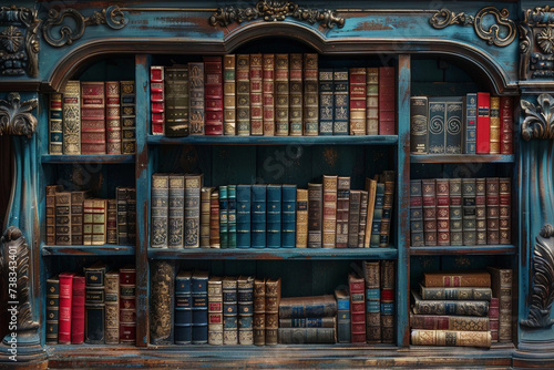 Vintage background with bookshelves. Many old books in a bookstore or library