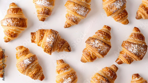 top down view of chocolate croissants on neat white background 
