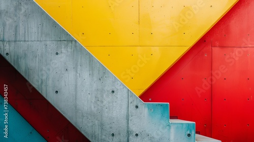 A vibrant staircase ascends towards a striking yellow wall, adorned with splashes of fiery red, evoking an abstract sense of energy and vitality
