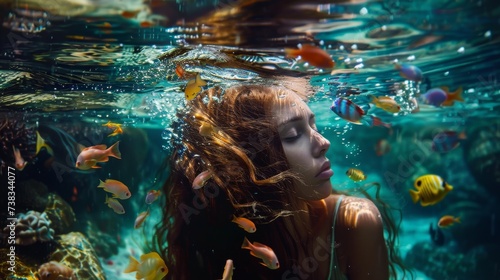 A mesmerizing sight of a woman gracefully immersed in an underwater world, surrounded by vibrant marine life and exploring the secrets of the reef