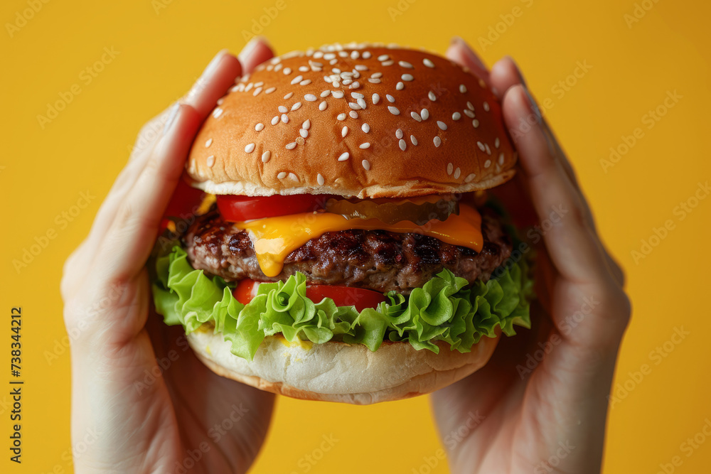 Hands hold a burger on yellow background. Generative AI Hands hold a burger on yellow background. Generative AI
