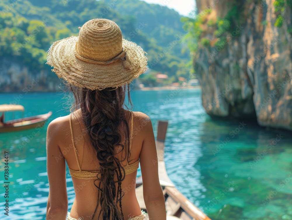 A beautiful woman in a straw hat is travelling on a boat near a beautiful island resort