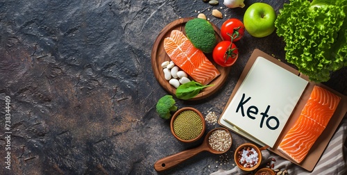 Ketogenic diet concept. Fiber, clean, balanced food. Diet plan and control food. Copy space