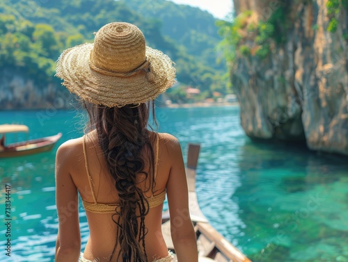 A beautiful woman in a straw hat is travelling on a boat near a beautiful island resort © piai