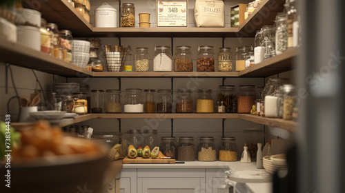 A well-designed and functional kitchen pantry with labeled shelves and storage containers