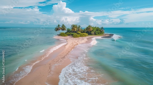 Immerse yourself in the tranquil beauty of a tropical paradise, where azure skies meet crystal clear waters and palm trees sway on a picturesque island shore