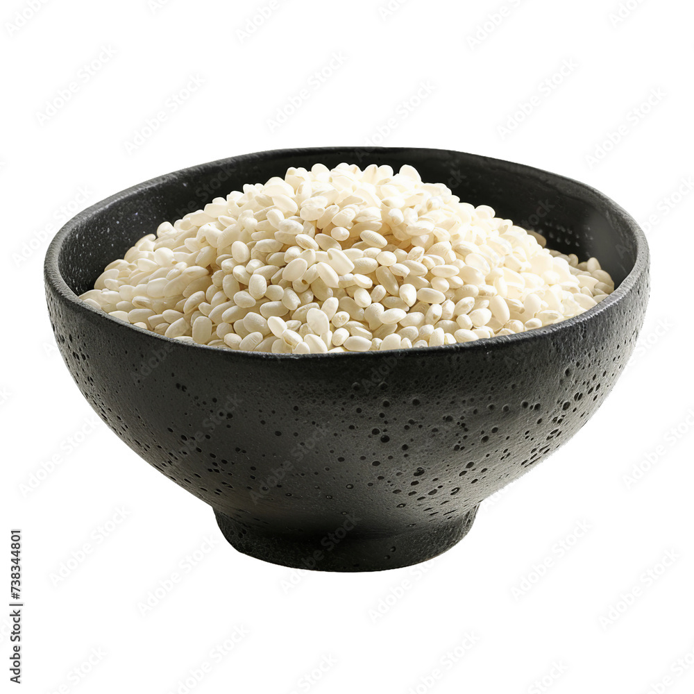Arborio rice black bowl, transparent background, isolated image, generative AI Arborio rice black bowl, transparent background, isolated image, generative AI