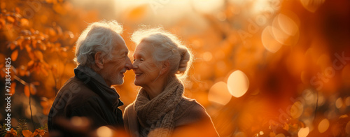 An elderly couple cuddles in the park and touches noses in the park between blooming trees......