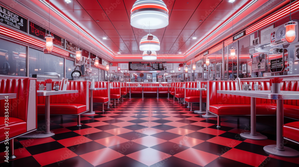 A classic, retro-style diner with red vinyl booths, checkered floors, and chrome finishes