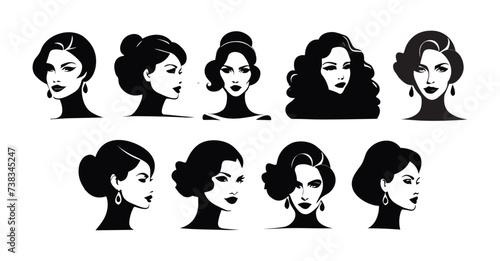 Silhouettes of adult female face vector illustrations collection