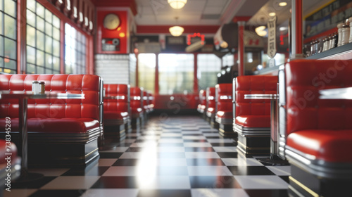 A classic, retro-style diner with red vinyl booths, checkered floors, and chrome finishes photo