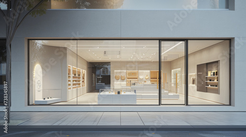 A clean and minimalist storefront with a glass entrance, logo signage, and product displays photo