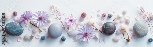 Ethereal bookmarks and header of herbalist sites. Panoramic banner with calming soft light, petals and stem. Medicinal herbs, pink blossoms. Zen flowers and pebbles for spa naturopathy; medical care 